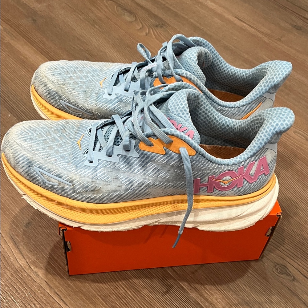 Hoka Women's Clifton 9 Light Blue and Orange Athletic Shoes